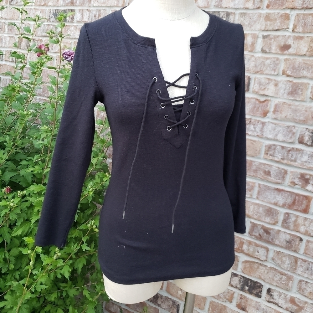 Anthro Deletta Lace-up Long Sleeves Top Black S